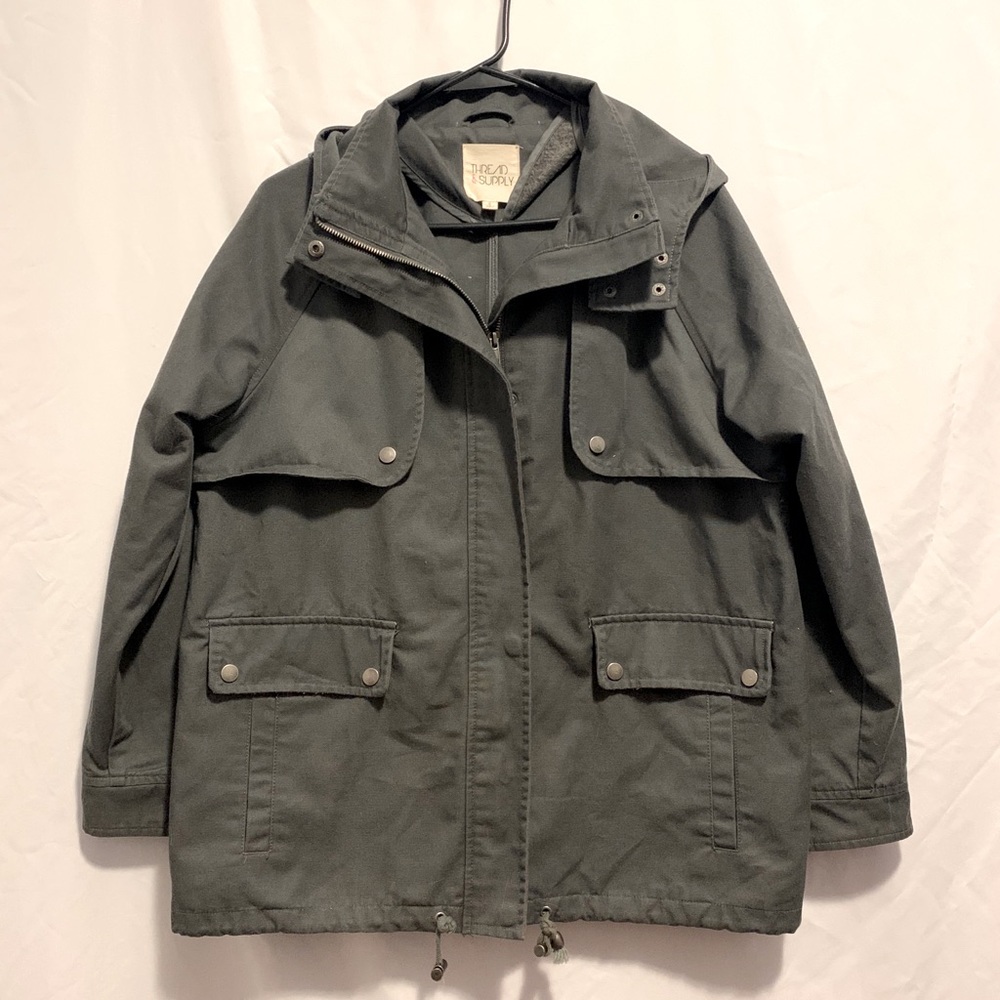 Thread & Supply Hooded Gray Fall Jacket Size M